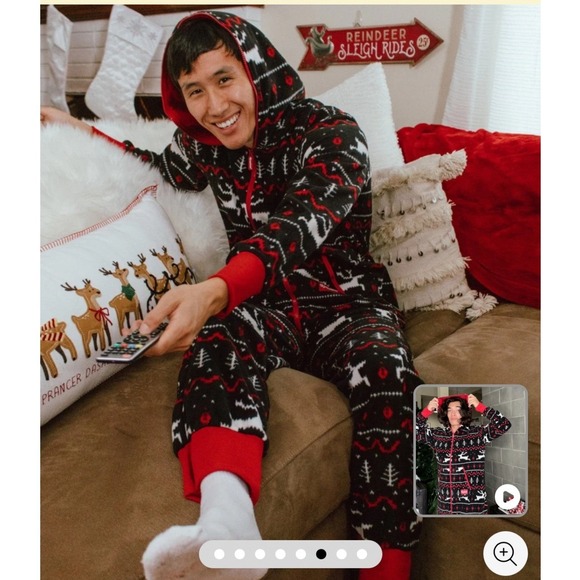 Tipsy Elves | Mens XL | Fair Isle Hooded Onesie Pajamas | Red Black Hooded - Picture 7 of 11